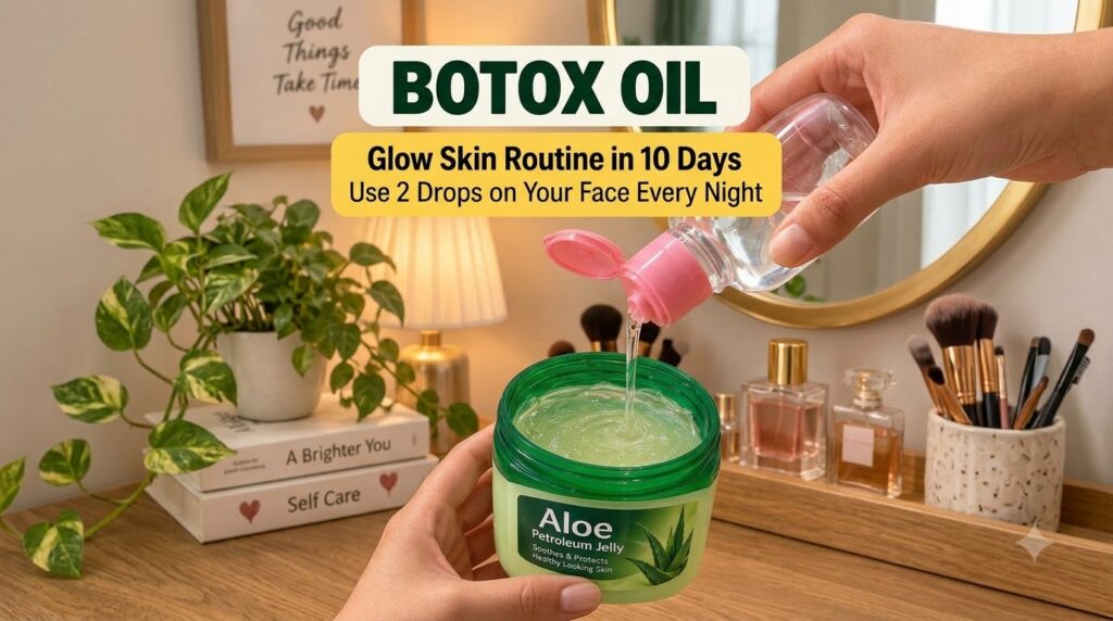 A hand holding an open jar of Aloe Petroleum Jelly with a clear liquid being poured into it from a small bottle with a p