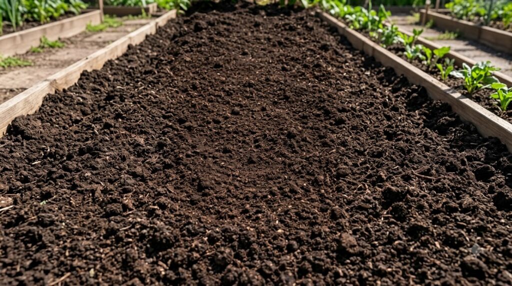 Close-up of hands mixing wood ash into garden soil before planting potatoes with a small pile of wood ash visible and he