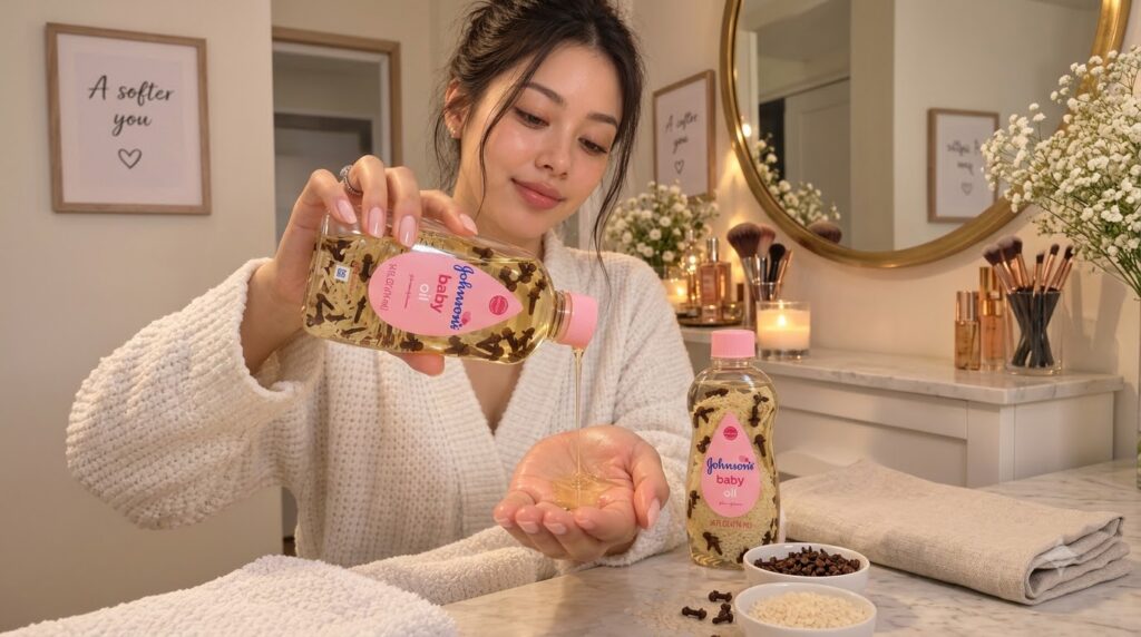 A woman gently pours Johnson s baby oil infused with cloves and rice into her cupped hand She is in a cozy setting weari
