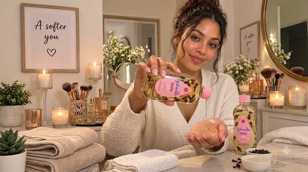 A woman pouring clove-infused baby oil into her hand with ingredients like rice and cloves and another bottle of infused