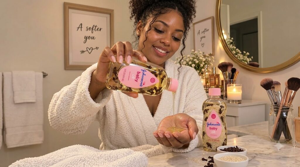 A woman in a bathrobe is pouring clove-infused Johnson s Baby Oil into her hand on a marble vanity with a gentle smile