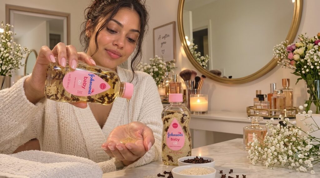 A woman pouring a homemade baby oil and clove infusion from a clear bottle into her hand with another bottle containing 