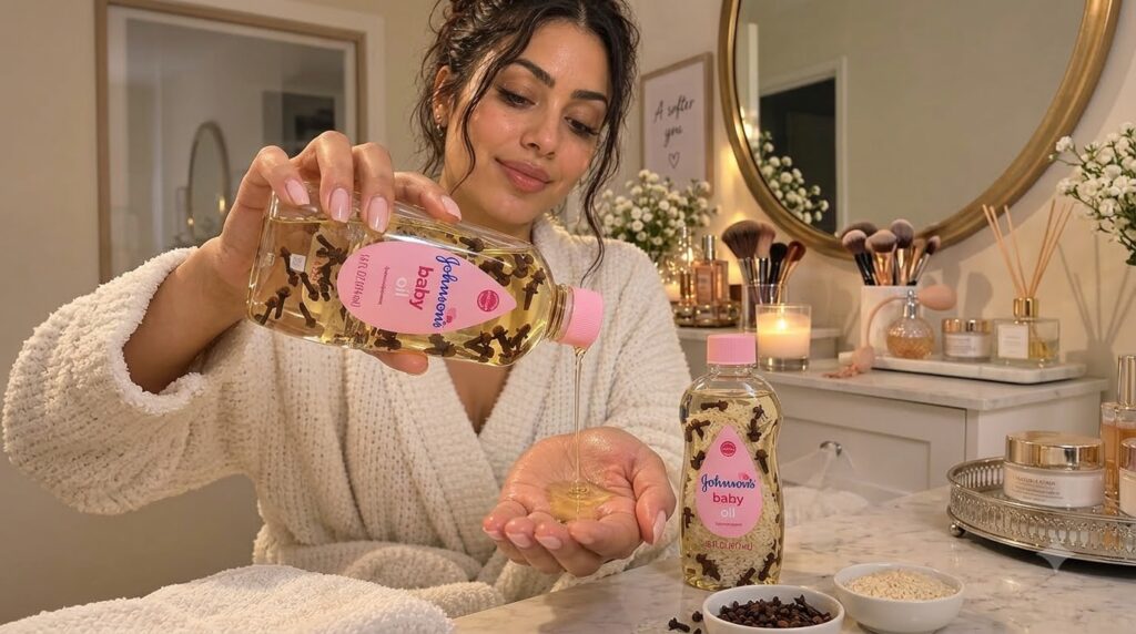 A woman in a cozy robe pouring clove-infused baby oil into her hand In the background there s a warm vanity with a mirro