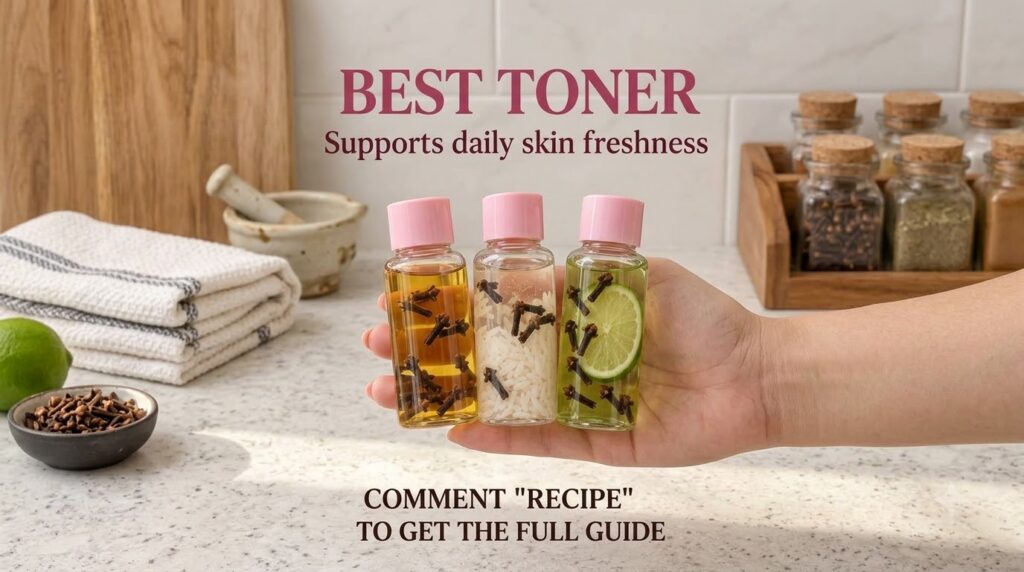 Hand holding three small bottles with pink caps Each bottle contains liquid with natural ingredients cloves cloves and w