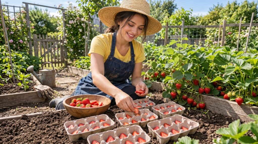Strawberry slices with visible seeds placed in an egg carton ready for planting