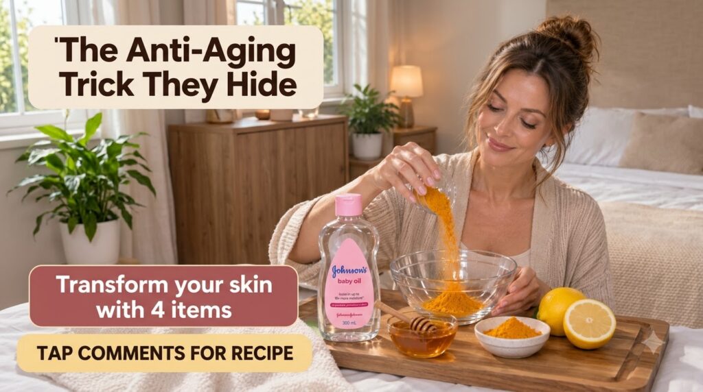 A smiling woman gently pours bright orange turmeric powder into a glass bowl with Johnson s baby oil honey and sliced le