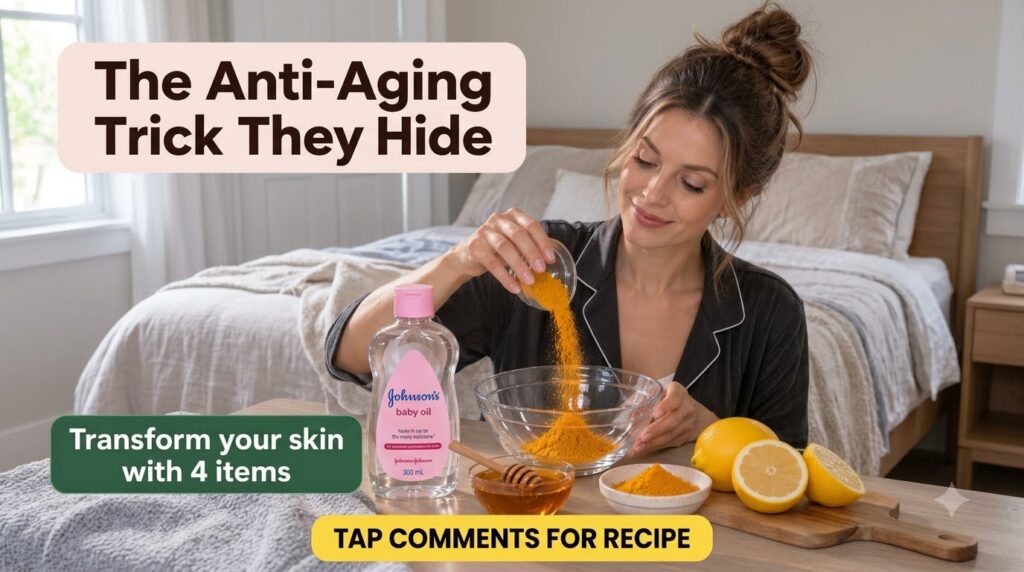 A woman in dark sleepwear happily mixing turmeric powder honey and baby oil in a clear bowl on a wooden table with fresh