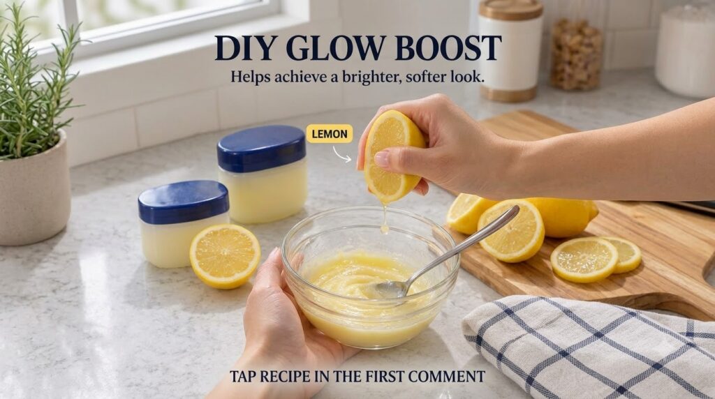 Hands squeezing a lemon into a glass bowl with a yellow creamy mixture with jars of Vaseline and a sliced lemon on a cou