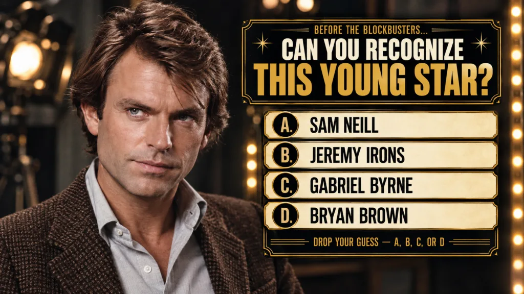 A vintage-style quiz poster featuring a young Sam Neill looking directly at the camera with a subtle smirk Text on the p