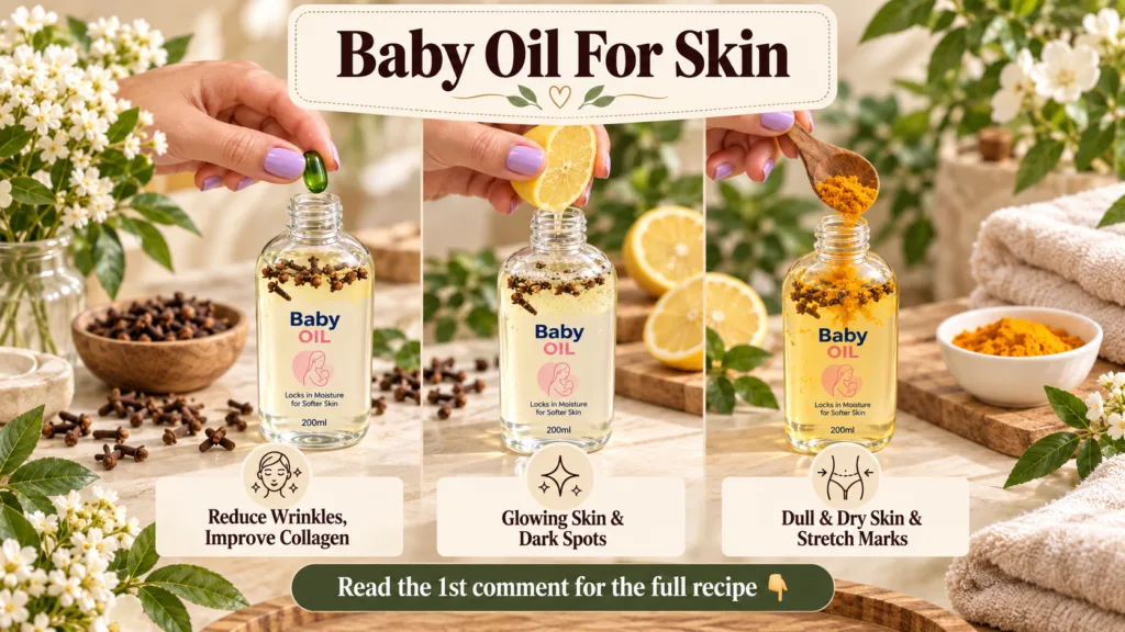 A vertical grid showing three distinct preparations of Baby Oil for skin Each central panel features a hand adding a nat