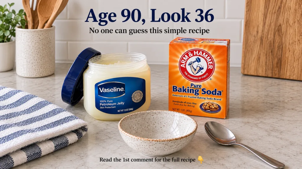 A flat lay of Vaseline Petroleum Jelly Arm Hammer Baking Soda an empty ceramic bowl and a metal spoon on a kitchen count