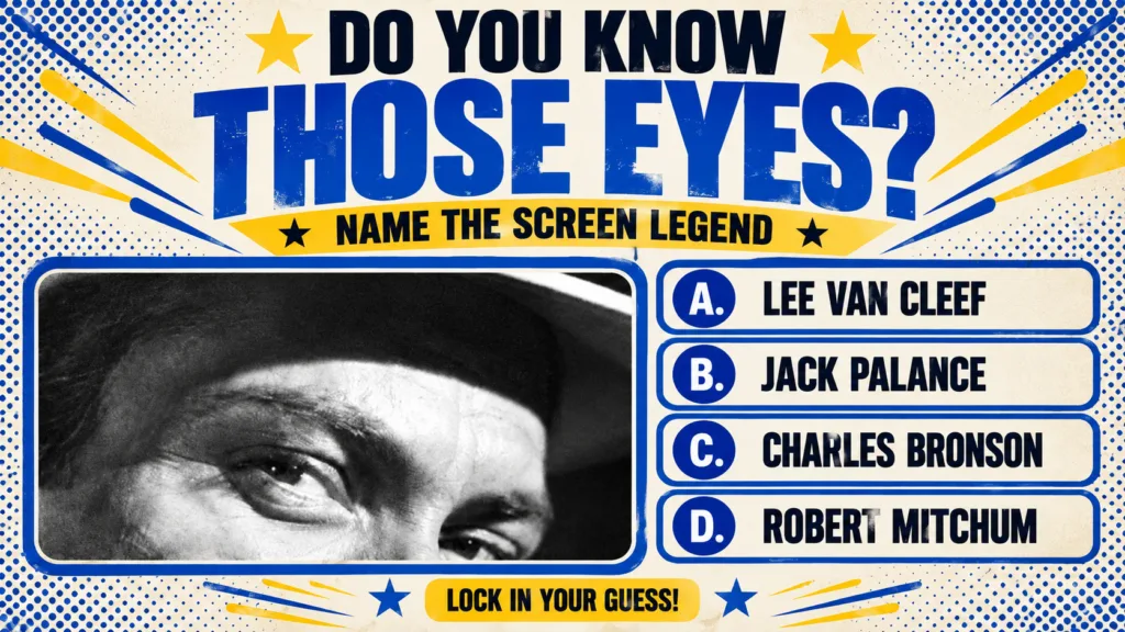 A vintage-style quiz poster featuring a black and white close-up of a man s eyes and forehead with a blue border The tit