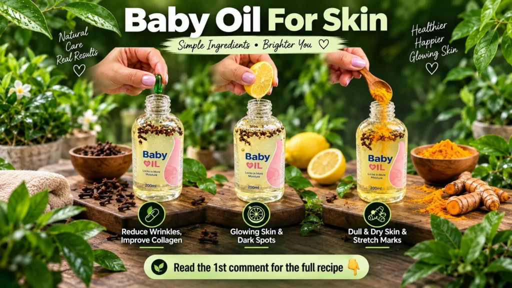 A vertical infographic promoting natural Baby Oil For Skin featuring fresh green leaves water droplets hands adding a gr