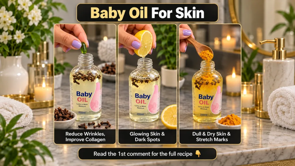 A vertical collage showing hands adding a green capsule lemon juice and turmeric powder into separate bottles of baby oi