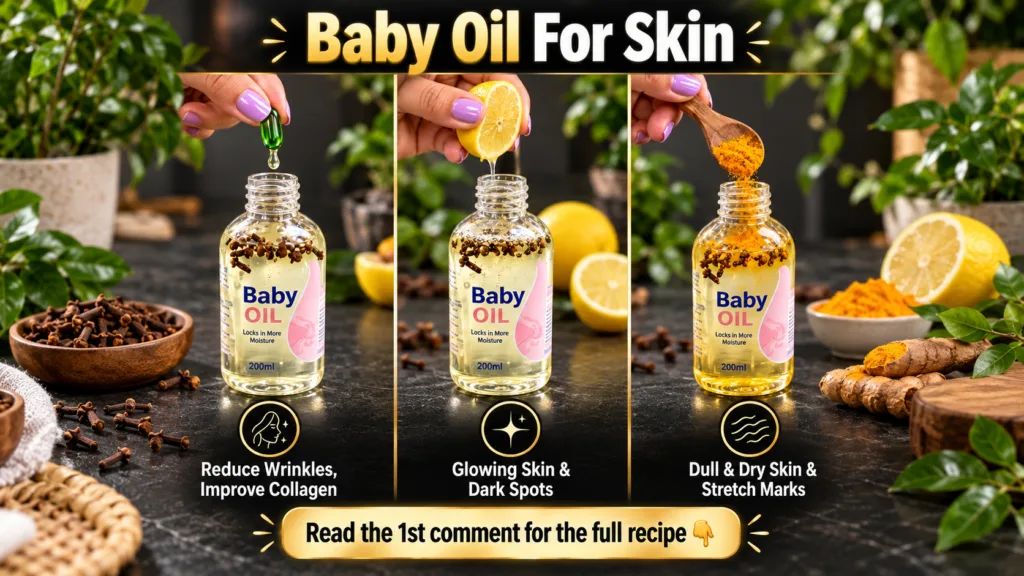 An infographic showing three DIY baby oil enhancements for skin One panel shows adding green capsule liquid another show