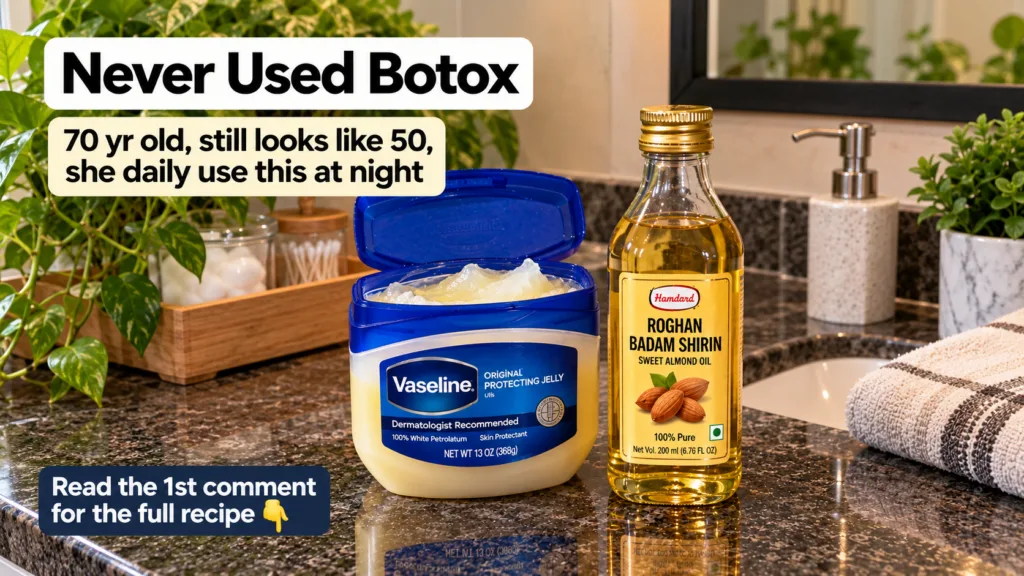 An open tub of Vaseline Original Protecting Jelly and a bottle of Sweet Almond Oil on a dark reflective bathroom counter
