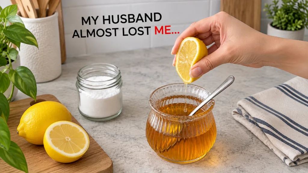 A hand squeezing a lemon half into a jar of honey with baking soda and another lemon half nearby on a wooden surface