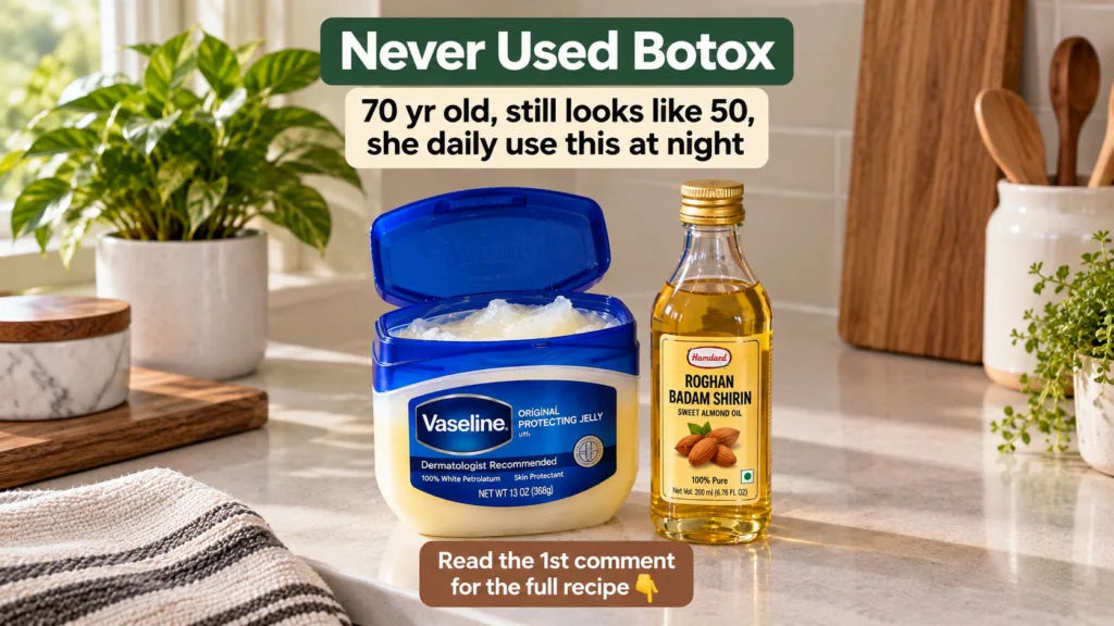 An open tub of Vaseline Original Protecting Jelly and a bottle of sweet almond oil on a kitchen counter with a plant in