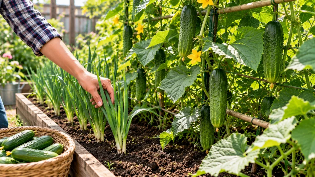 A close-up of a hand gently tending to green onions in a raised garden bed with cucumber plants and a harvest basket in 