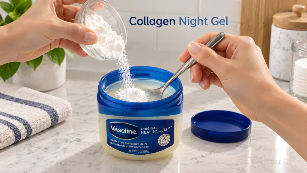 Hands mixing white collagen powder into a tub of Vaseline with a spoon on a light-colored countertop