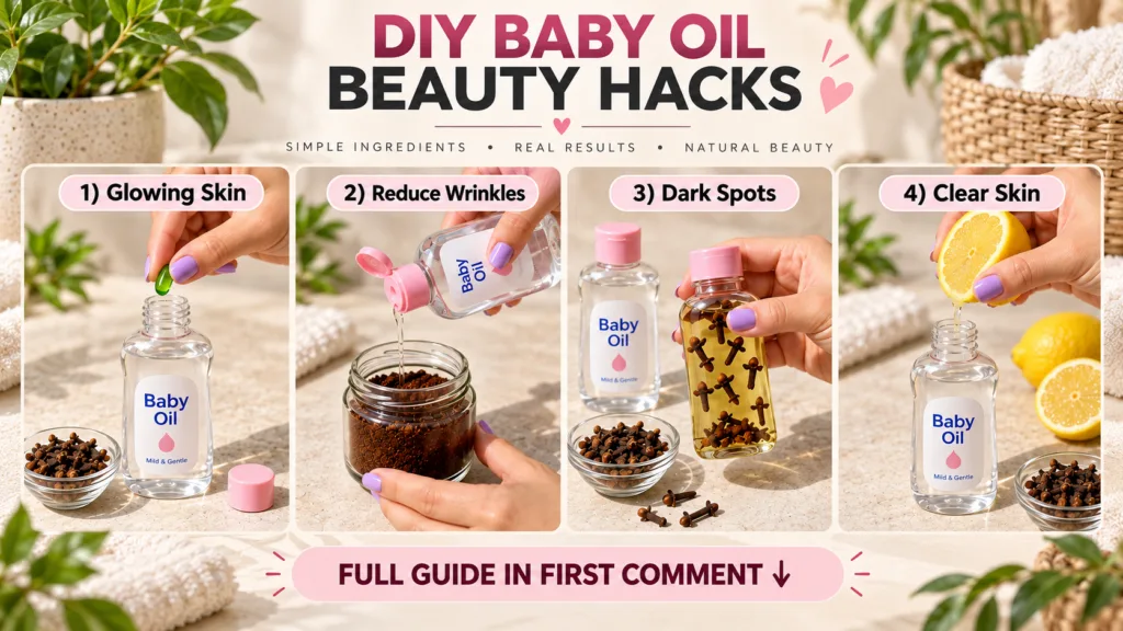 A 2x2 grid showing four different DIY beauty hacks Each section features hands preparing a specific mixture with baby oi