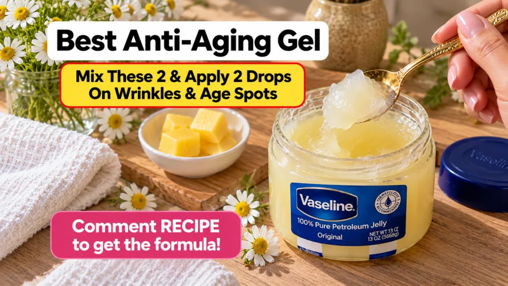 A close-up of a jar of Vaseline 100 Pure Petroleum Jelly with a golden spoon scooping some out surrounded by white chamo
