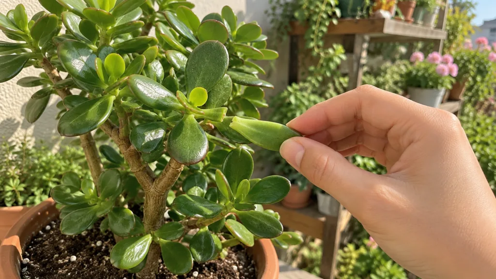 A close-up of a hand gently holding a freshly detached jade plant leaf ready for propagation