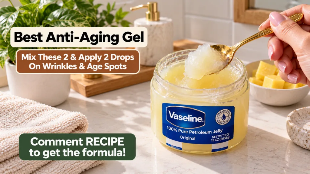 A large jar of Vaseline with a golden spoon scooping out petroleum jelly a female hand with pink nails holds the spoon I