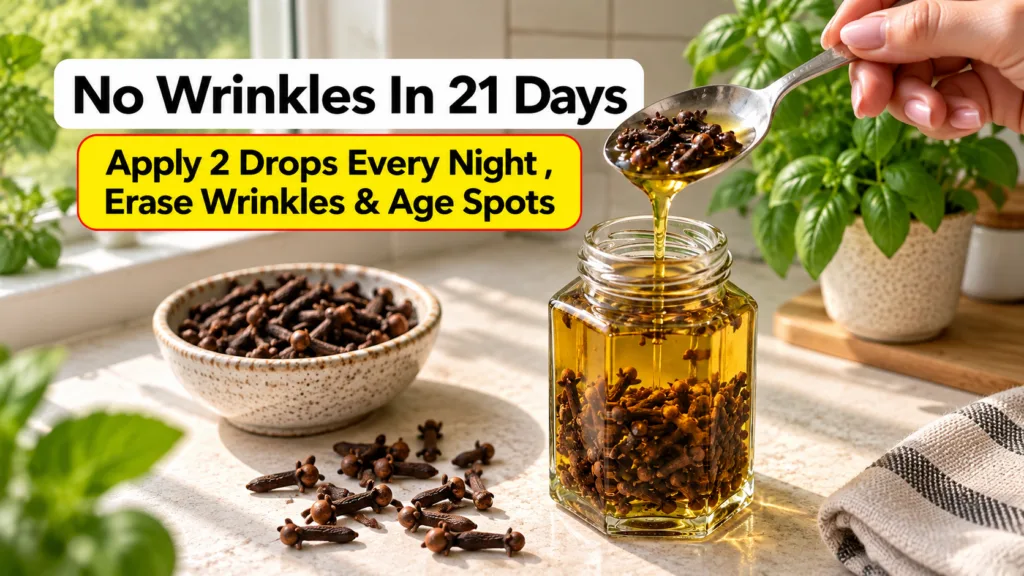 A hand pouring golden clove-infused oil from a spoon into a hexagonal glass jar with whole cloves surrounded by a bowl o