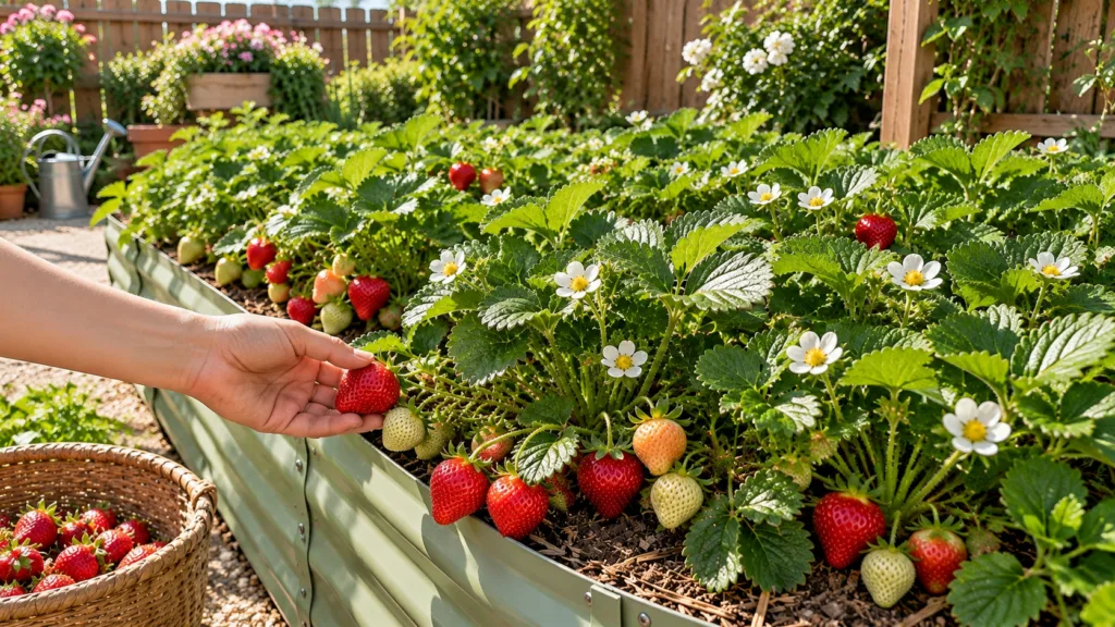 A hand gently holding a ripe red strawberry freshly picked from a raised garden bed filled with strawberry plants green 