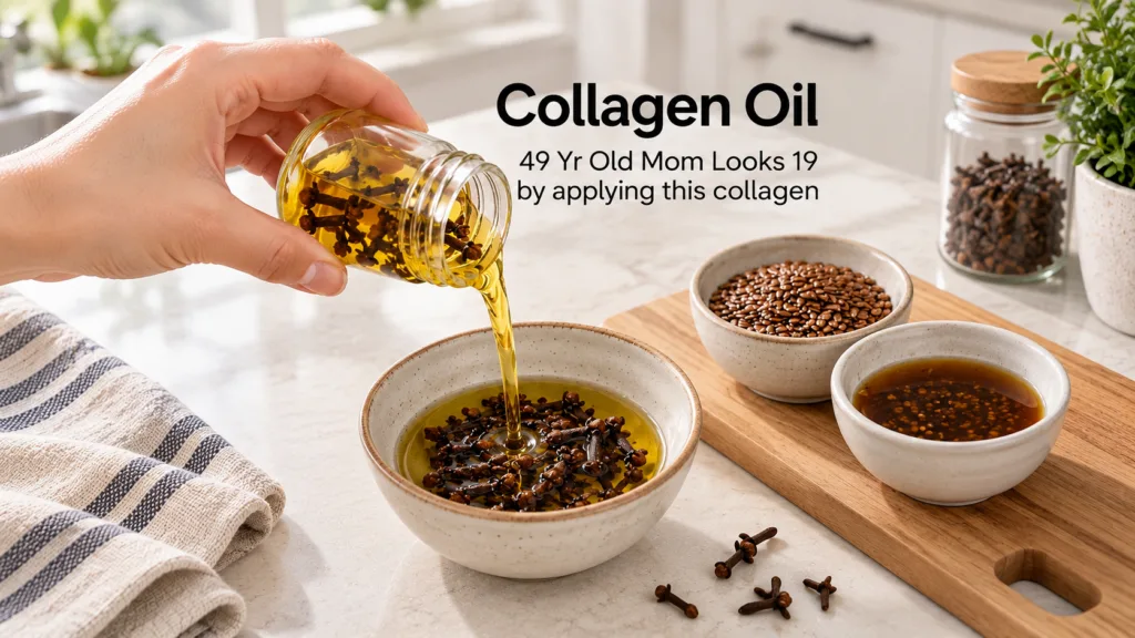 A hand is pouring golden clove-infused oil from a small glass jar into a rustic ceramic bowl There are loose cloves and