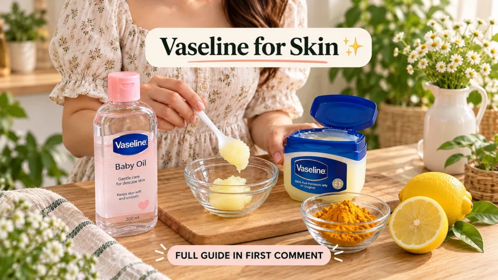 A close-up of a person s hands preparing a beauty mixture Ingredients include a tub of Vaseline a bottle of Vaseline Bab