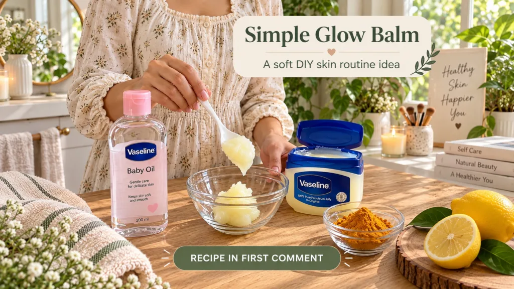 A person s hands scooping petroleum jelly from a container into a glass bowl surrounded by ingredients like Vaseline Bab