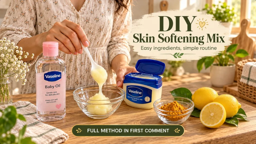 A flat lay of hands mixing Vaseline Baby Oil Vaseline Petroleum Jelly lemon halves and turmeric powder in a glass bowl o