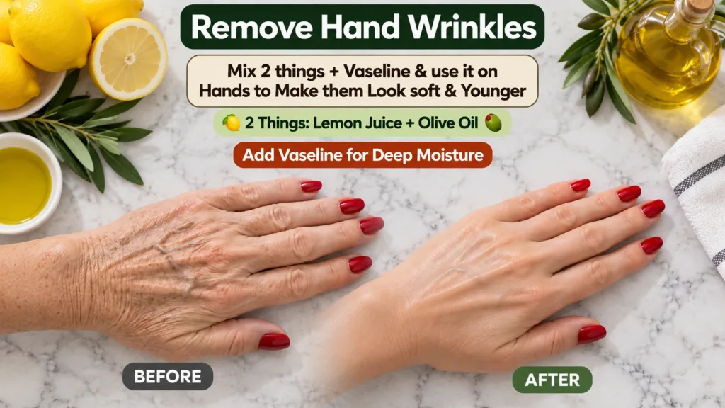 A vertical split before and after image of a woman s hand on a white marble background The BEFORE top section shows a wr