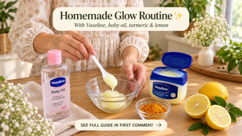 Hands holding a spoon dripping a yellowish mixture into a glass bowl surrounded by Vaseline baby oil turmeric powder and