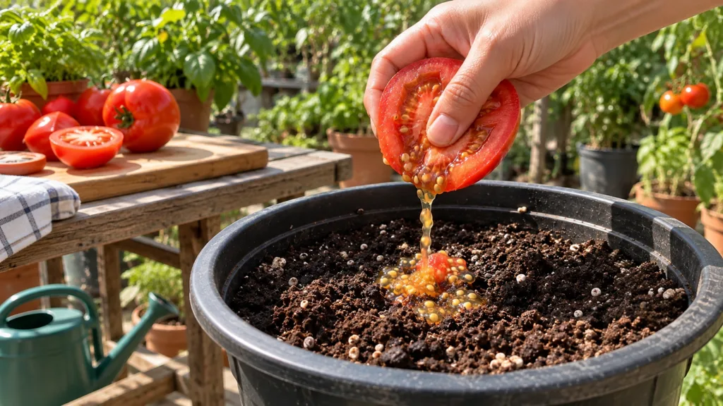 A hand gently squeezing a cut red tomato allowing its seeds and viscous gel to drip into a black pot filled with dark so