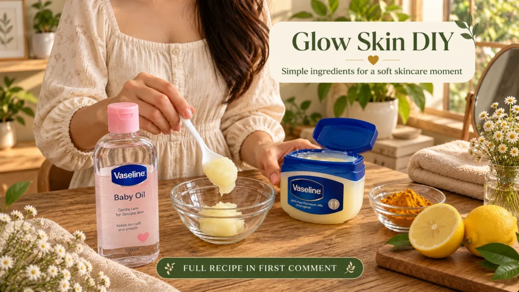 Close-up of hands preparing a DIY skincare mixture on a rustic wooden table with bottles of Vaseline Baby Oil a jar of V