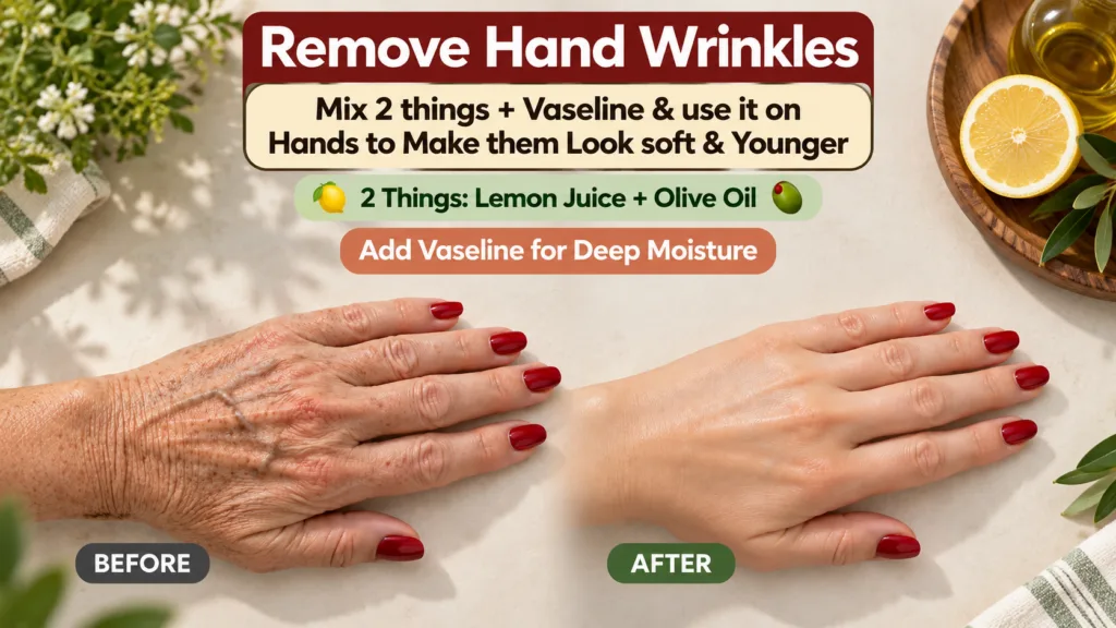 A vertical split-screen comparison showing an older wrinkled hand labeled BEFORE on the top and a visibly smoother young