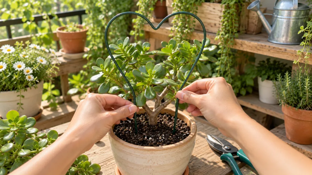 A close-up top-down view of a person s hands gently inserting a heart-shaped wire plant support into a potted jade plant