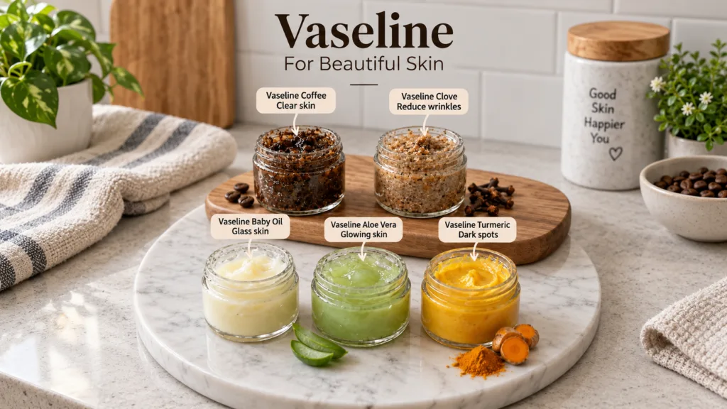 Five small glass jars containing different Vaseline-based skincare products with natural ingredients such as coffee scru
