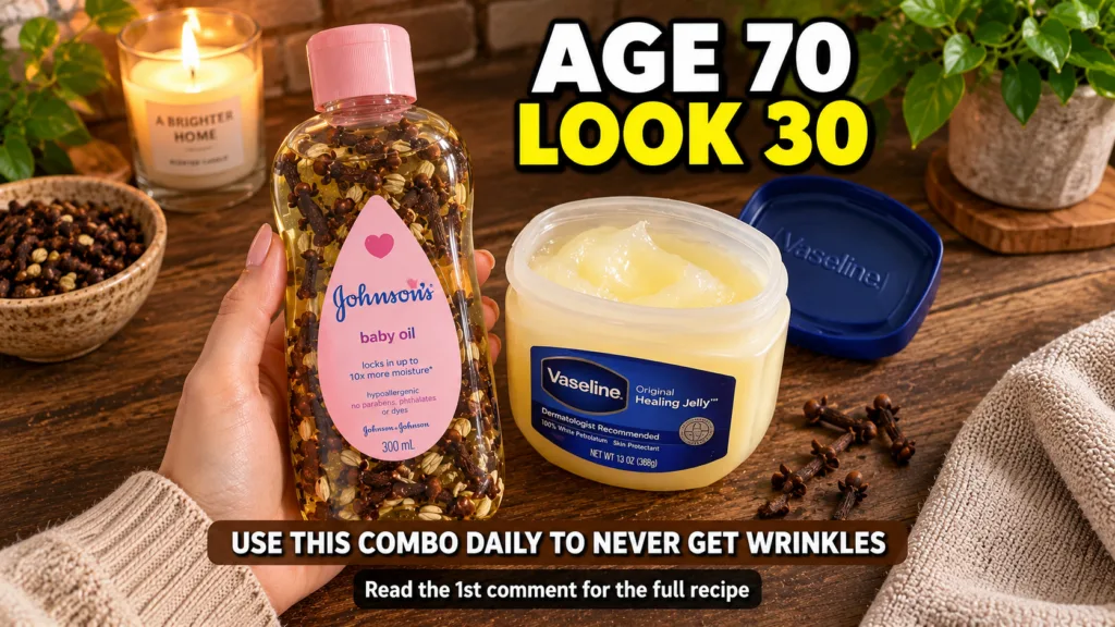 A close-up of a hand holding Johnson s baby oil infused with cloves next to a tub of Vaseline with a lit candle and clov