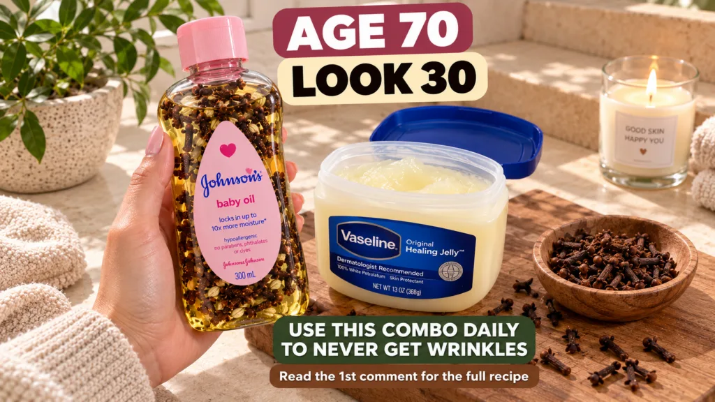 A hand holding a bottle of Johnson s baby oil infused with whole cloves next to an open tub of Vaseline Original Healing