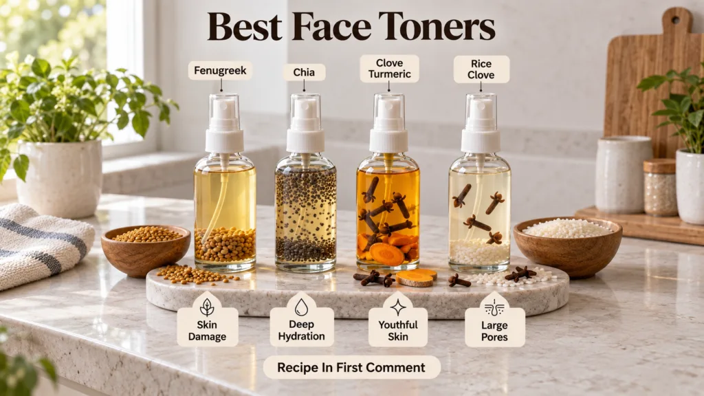 Four clear glass spray bottles each containing a different natural face toner infusion on a marble surface Ingredients l