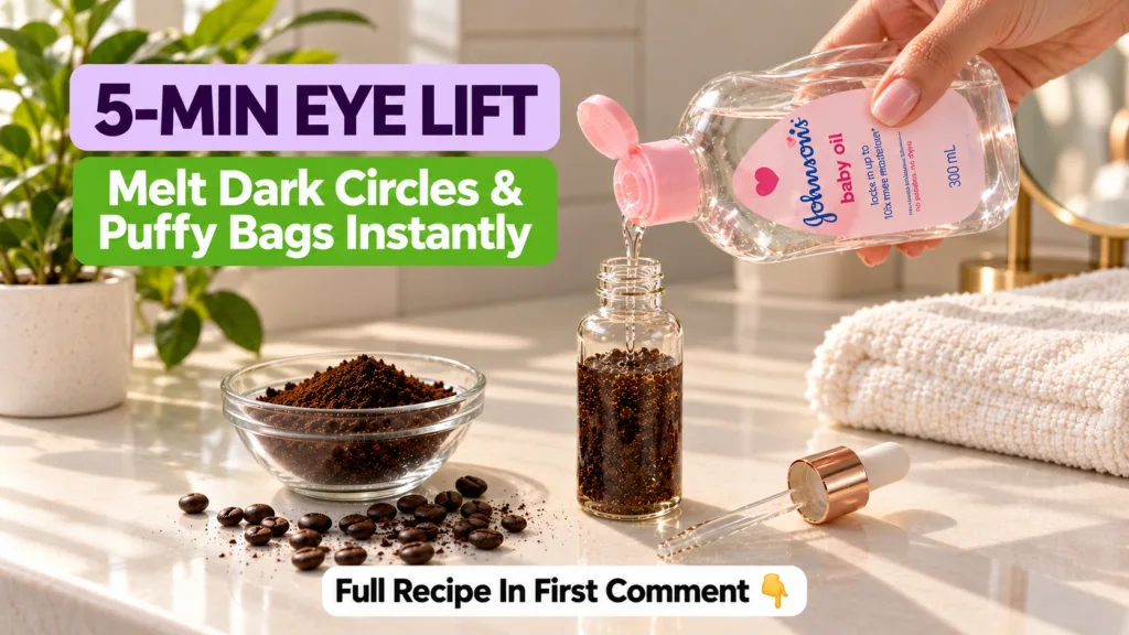 A hand pouring Johnson s Baby Oil into a small glass bottle already containing coffee grounds with other DIY beauty ingr