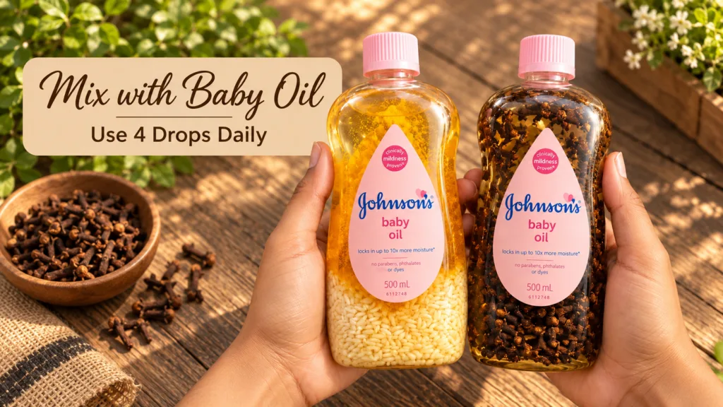 Two bottles of baby oil one infused with white rice grains and another with brown spice particles held against a rustic 
