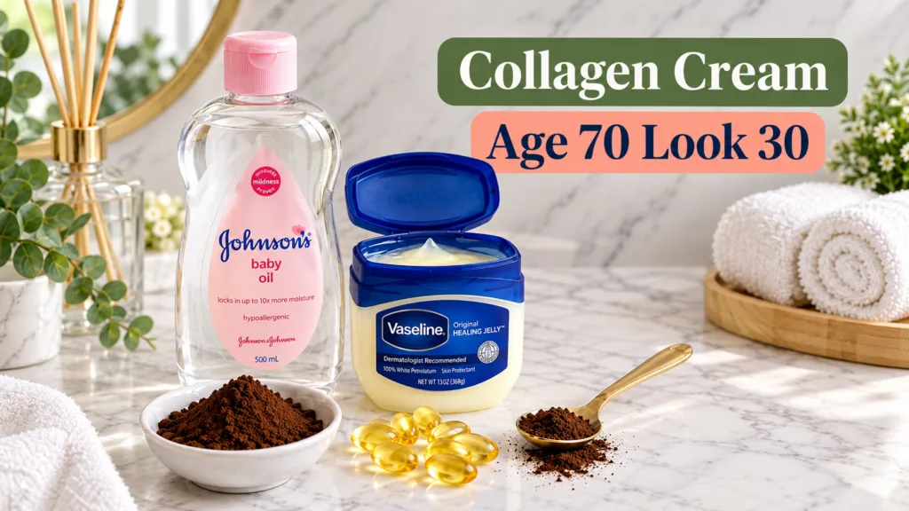An assortment of skincare ingredients Johnson s baby oil an open jar of Vaseline Original Healing Jelly a bowl of brown 