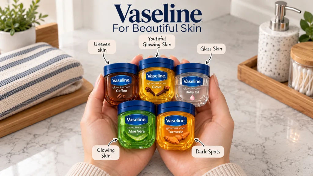 A pair of hands gently holding five small jars of Vaseline Glowpink each labeled with a different natural ingredient lik
