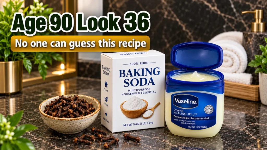 Three key ingredients on a dark reflective countertop a white box of baking soda an open blue jar of Vaseline Original H