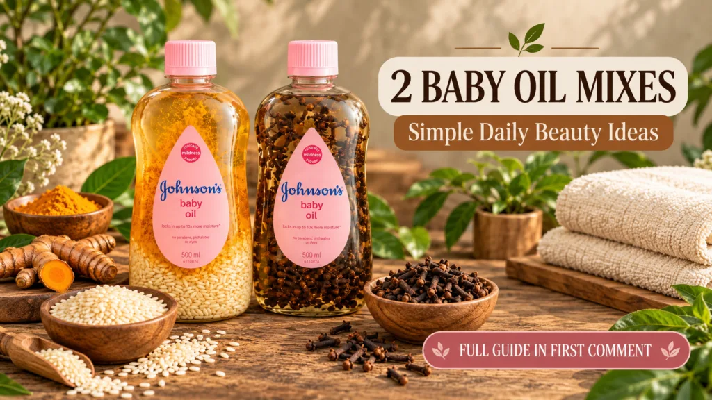 Two bottles of Johnson s baby oil infused with natural ingredients one with rice and turmeric another with whole cloves 